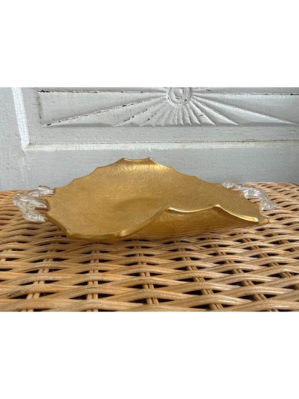 Vintage 1950s Glastonbury Lotus 22k Floral Gold Etched Glass Candy Dish Tray